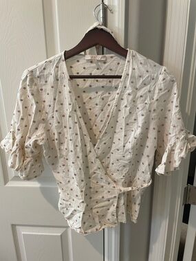 Wayf Ivory Wrap Blouse with Taupe Polka Dots Anthropologie brand